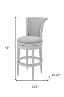 31" Light Gray And White Linen And Solid Wood Swivel Bar Chair