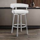 26" White And Silver Faux Leather And Fabric And Steel Low Back Counter Height Swivel Bar Chair