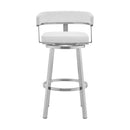 26" White And Silver Faux Leather And Fabric And Steel Low Back Counter Height Swivel Bar Chair