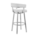 26" White And Silver Faux Leather And Fabric And Steel Low Back Counter Height Swivel Bar Chair