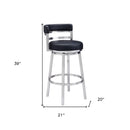30" Black And Silver Faux Leather And Iron Low Back Bar Height Swivel Bar Chair