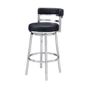 30" Black And Silver Faux Leather And Iron Low Back Bar Height Swivel Bar Chair