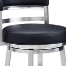 26" Black And Silver Faux Leather And Iron Low Back Counter Height Swivel Bar Chair