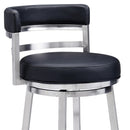 26" Black And Silver Faux Leather And Iron Low Back Counter Height Swivel Bar Chair