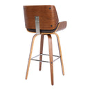 30" Brown Fabric And Solid Wood Low Back Bar Height Swivel Bar Chair