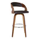30" Brown Fabric And Solid Wood Low Back Bar Height Swivel Bar Chair
