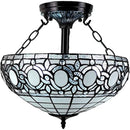 Blue and Black Tiffany Style Two Light Glass Dimmable Semi Flush Ceiling Light