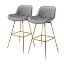 Set of Two 29" Gray And Gold Velvet And Metal Low Back Bar Height Swivel Bar Chairs