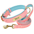 Leather Personalized Dog Collar Leash Custom Pet Name ID Collar Free Engraving